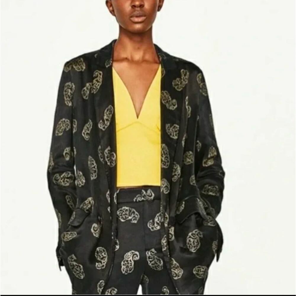 Zara Basic Black Gold Paisley Print Single Breast Satin Blazer Women S Old Money